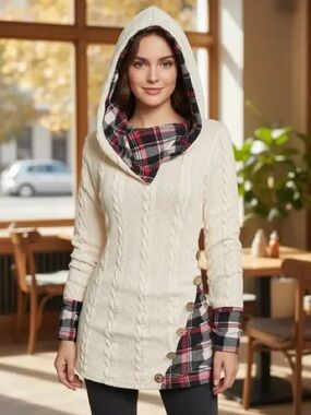 Boho Country Hooded Tunic Cable Knit Sweater Size 6 Small Plaid Detail Ruched